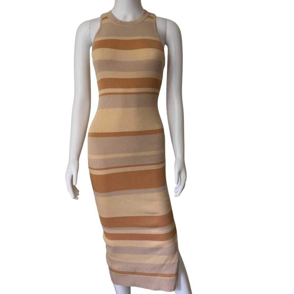 Lulus Tan Orange Striped Ribbed Knit Midi Dress Sleeveless Keyhole Back Small